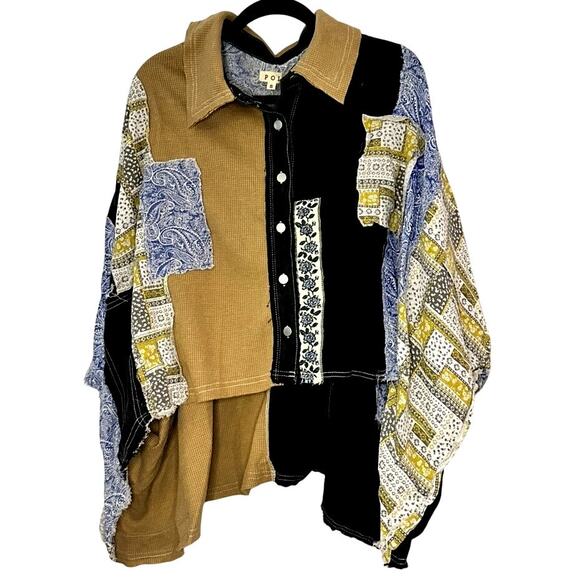 POL – Patchwork Button-Up (Tan/Black) – S - Picture 1 of 4